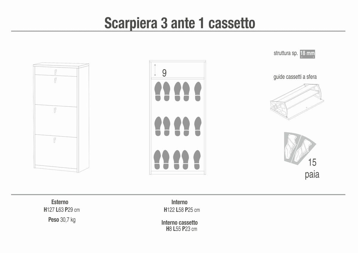 Étagère à chaussures 3 portes et 1 tiroir - Kit SK567K-C
