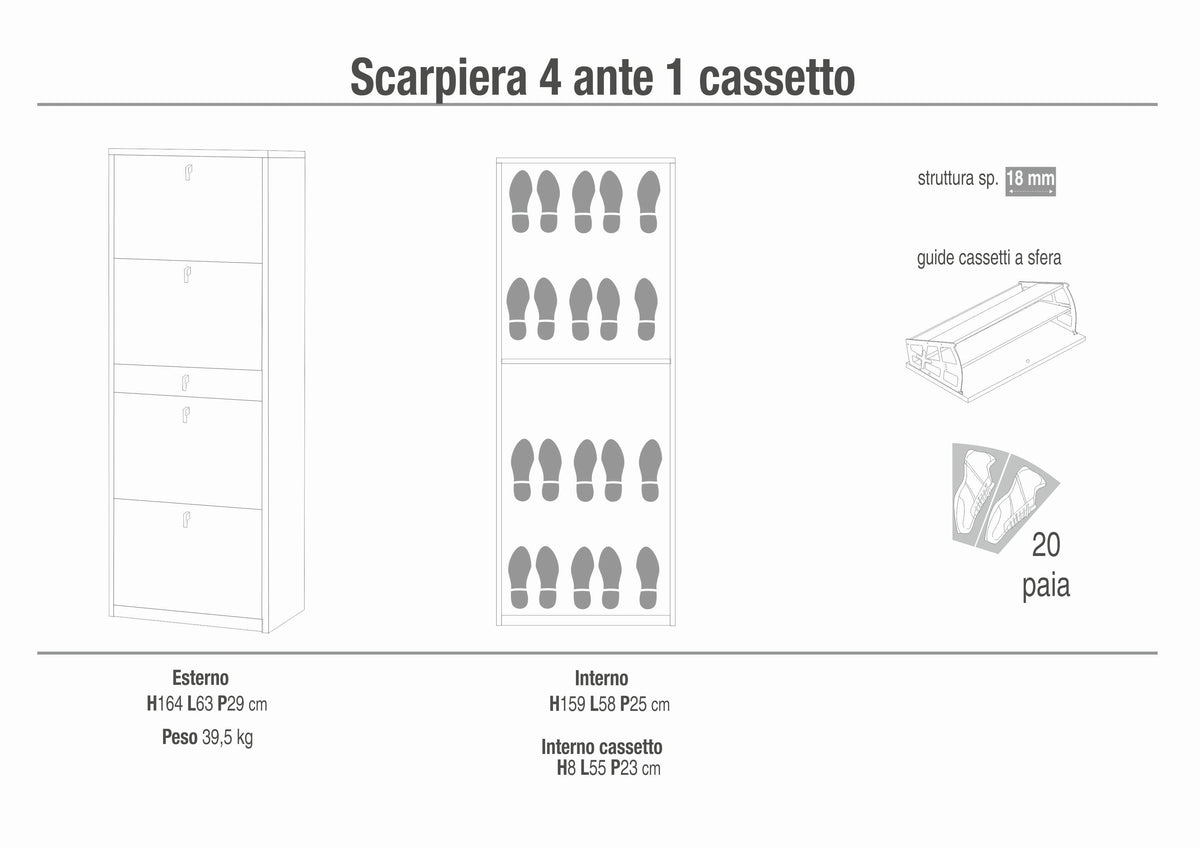 Étagère à chaussures 4 portes et 1 tiroir - Kit SK569K-C