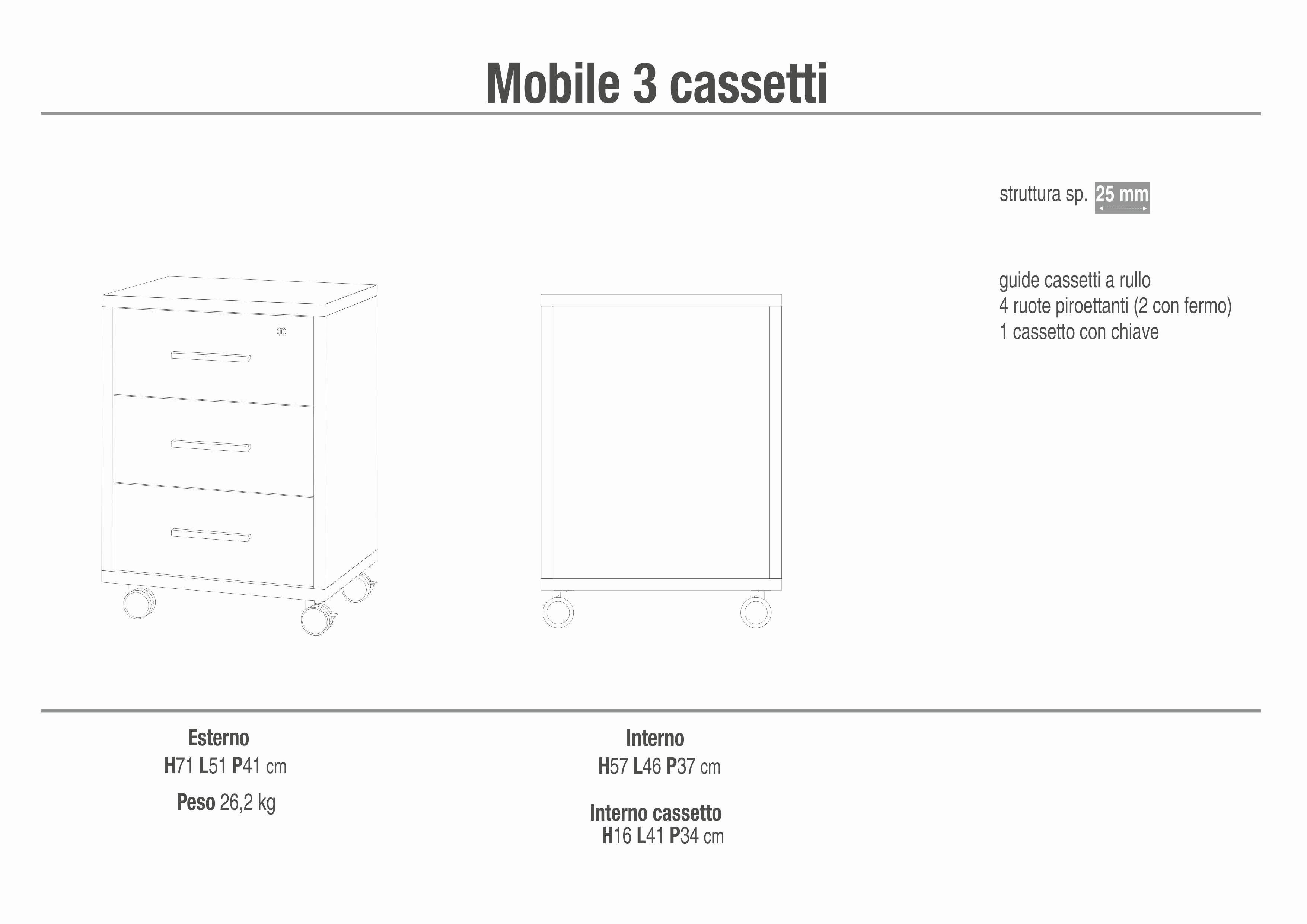 MOBILE 3 CASSETTI SU RUOTE DB733