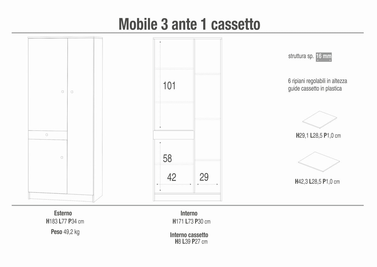ARMOIRE 3 PORTES 1 TIROIR 323-C