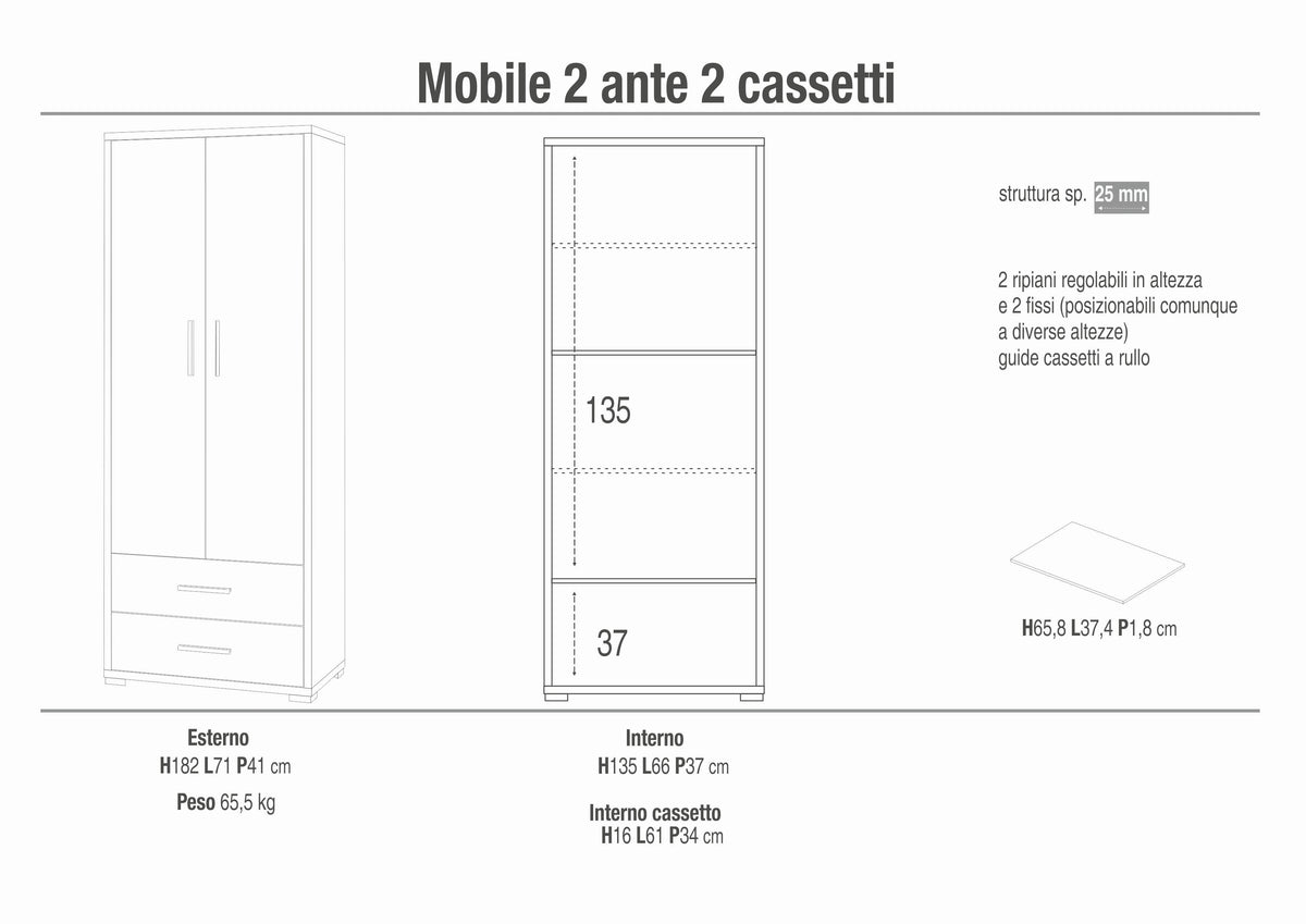 ARMOIRE 2 PORTES 2CAS H182 L71 KIT DB359K-C